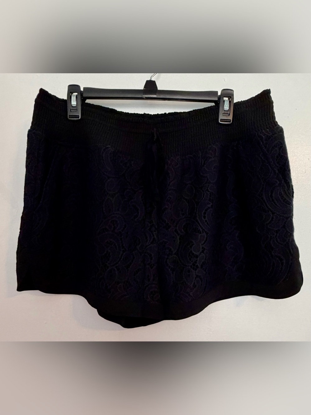 CAbi Black High-Waist Lace Overlay Shorts
